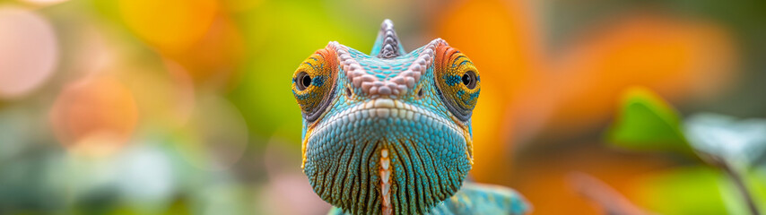Fototapeta premium Closeup of a colorful chameleon with a vibrant background. Copy space. Generative AI 