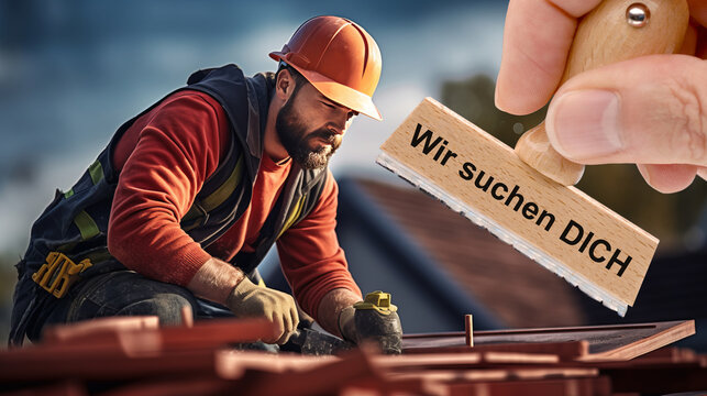 Ein Holzstempel ist beschriftet mit dem Aufdruck: Wir suchen DICH &uuml;ber dem Portrait von einem Bauarbeiter - FOTOMONTAGE