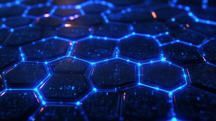 Obraz premium Abstract Blue Neon Hexagon Grid, digital art, 3D rendering, glowing, network, technology, connection