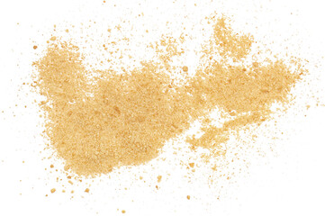 Ground biscuit, pile crumbs flying isolated on white