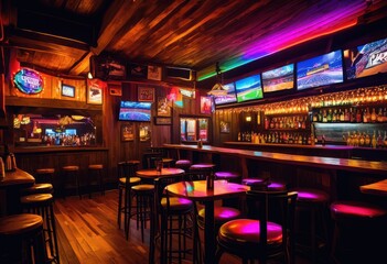 vibrant sports pub atmosphere featuring bright neon lights creating energizing ambiance social gatherings entertainment, bar, nightlife, energy, colors