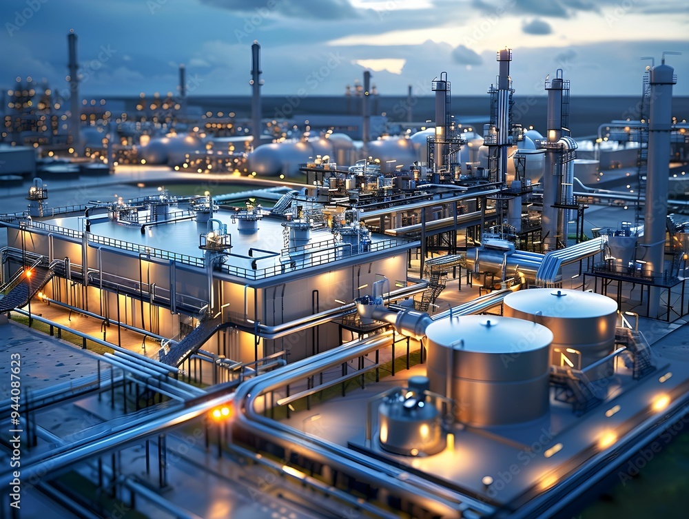 Aufkleber aerial view of a modern industrial facility at twilight with illuminated structures and extensive pi