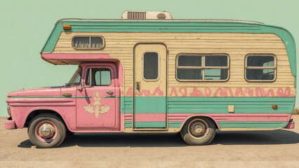 Side view of a vintage pink and green camper with a classic mid-20th century design parked against a plain background