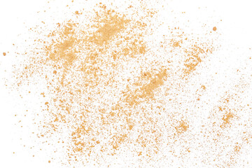 Ground biscuit, pile crumbs flying isolated on white