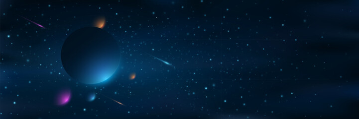 Abstract space background. Multicolored planets against the glowing stars. Universe cover design. Starry night sky with fallen star. Deep cosmos. Vector illustration.
