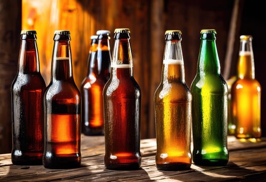 colorful craft beer bottles displayed rustic textured wood surface creating charming inviting atmosphere beverage enthusiasts, amber, bubbly, brew, craftbeer