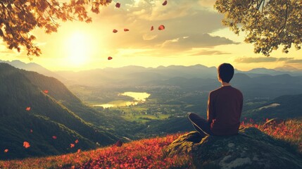 Obraz premium Man Contemplating Nature's Beauty at Sunset