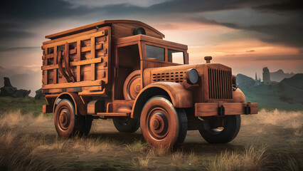 Obraz premium Professionally crafted 3D wooden model of Military Equipment Transport Vehicle.