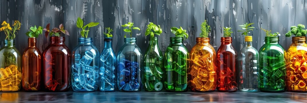 Colorful bottles filled with sorted waste, green plants inserted in each bottle neck. Banner, copy space. Creative recycling concept combining waste sorting and plant growth. Eco friendly upcycling