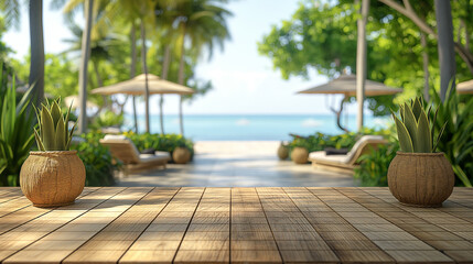 Fototapeta premium Wooden table with potted plants overlooking a tropical beach resort. Copy space. Generative AI 