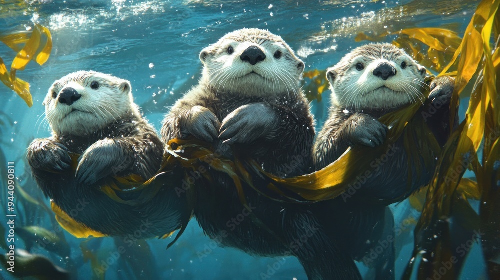 Canvas Prints Playful Sea Otters Amidst Kelp