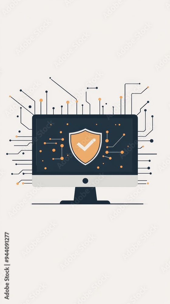 Poster Abstract computer monitor with a digital shield and circuit connections. Represents cybersecurity, data protection, and secure connections