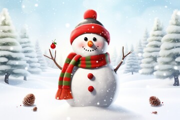 Obraz premium A cheerful snowman with a bright red scarf and carrot nose standing in a snowy landscape