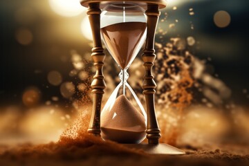 A close-up of a traditional hourglass with sand almost depleted