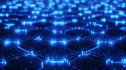 Obraz premium Abstract Hexagon Grid with Blue Lights, 3D Render, Sci-fi, Technology, Network