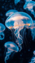 Obraz premium A group of jellyfish floating in the ocean at night