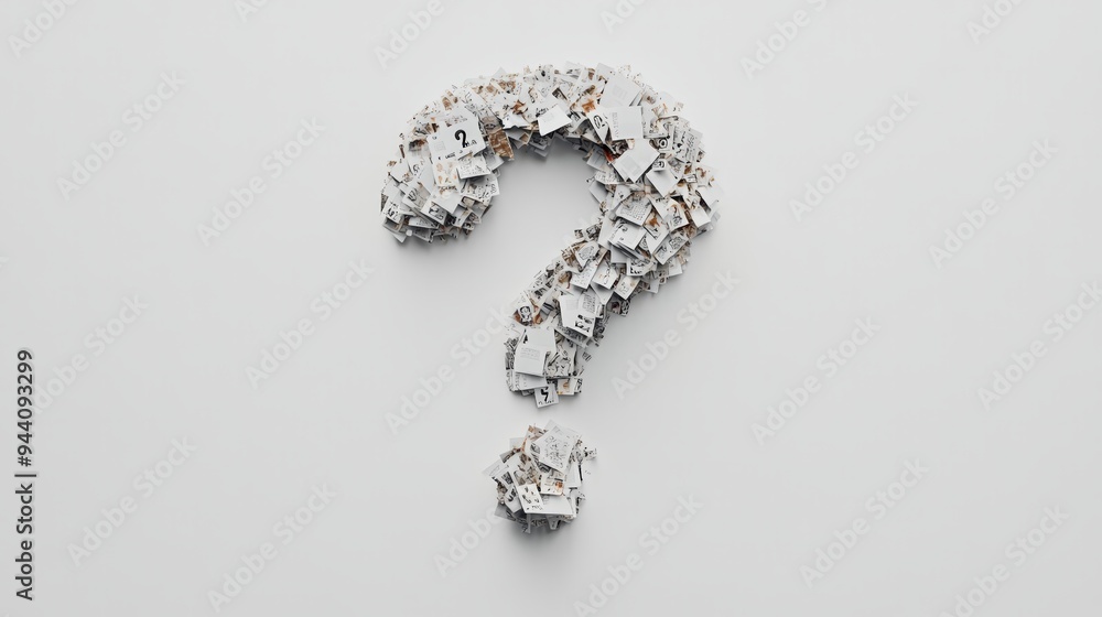 Poster creative question mark made from a pile of small papers on a plain background. conceptual image repr
