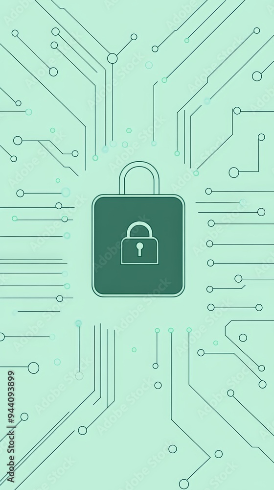 Poster vertical digital circuit board with lock icon in center. symbolizes cyber security and data protecti