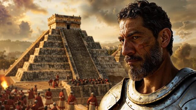 Epic historical scene of a victorious Spanish conquistador after the conquest of Tenochtitlan against the Aztec Empire, with the Mayan stepped pyramid in the background under a golden sunset sky