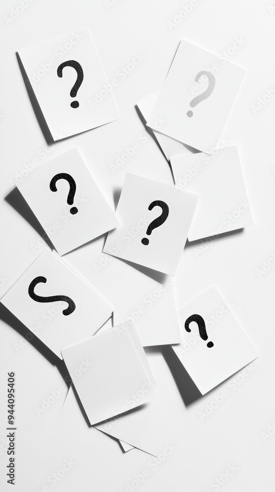 Aufkleber scattered cards with varying question marks, symbolizing diverse questions and uncertainties.