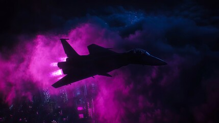 Fototapeta premium A fighter jet flying over a city at night