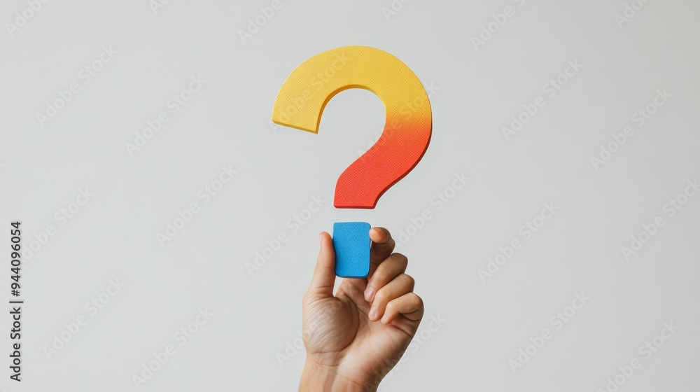 Poster Hand holding a colorful foam question mark against a plain background. Symbolic image representing curiosity, inquiry, and knowledge.