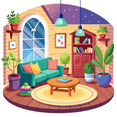 Obraz premium Cozy Living Room Interior with Sofa, Bookshelf, and Plants