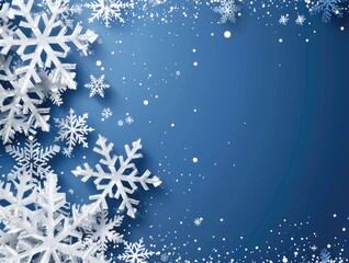 Blue Christmas abstract glitter background with white snowflakes and copy space. New Year.