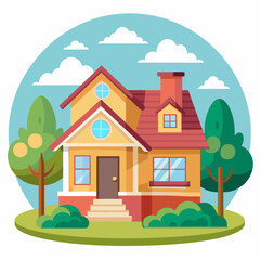 Fototapeta premium Two-story house with red roof, chimney, windows, and front door