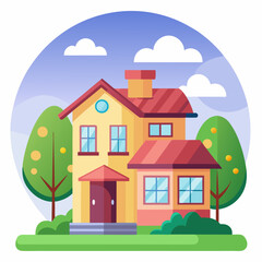 Naklejka premium Two-Story House with Red Roof and Green Trees in a Sunny Day