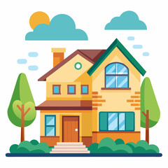 Naklejka premium Two-Story Yellow House with Green Roof and Surrounding Greenery