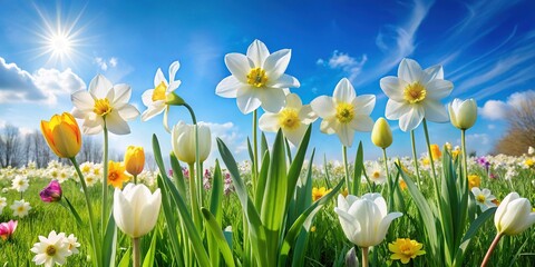 Fototapeta premium Delicate white spring flowers, including blooming daffodils and tulips, sway gently in a lush green meadow beneath a soft, serene blue sky on a sunny day.