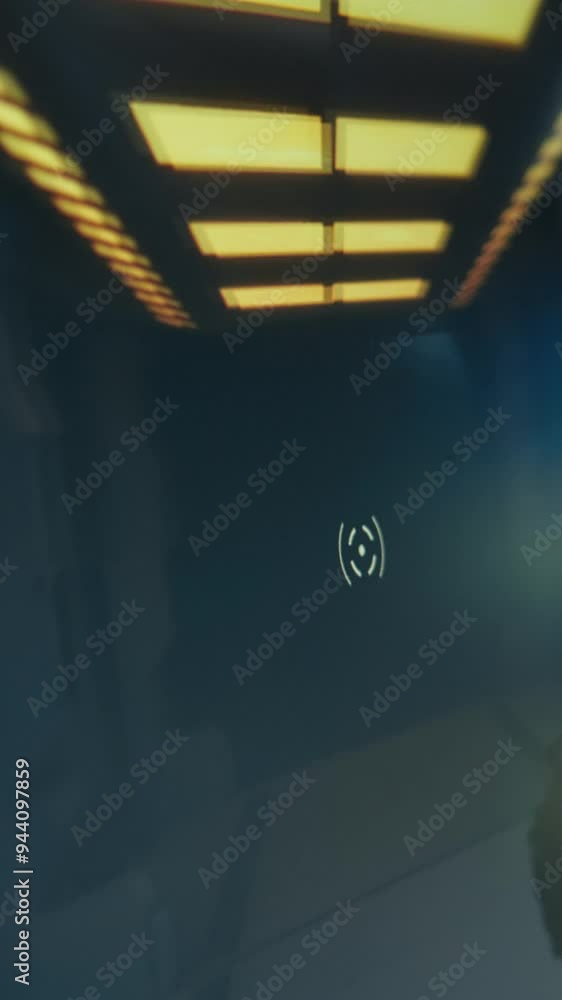 Poster vertical video computer screen showing fps videogame with futuristic weapon shooting laser bullets a