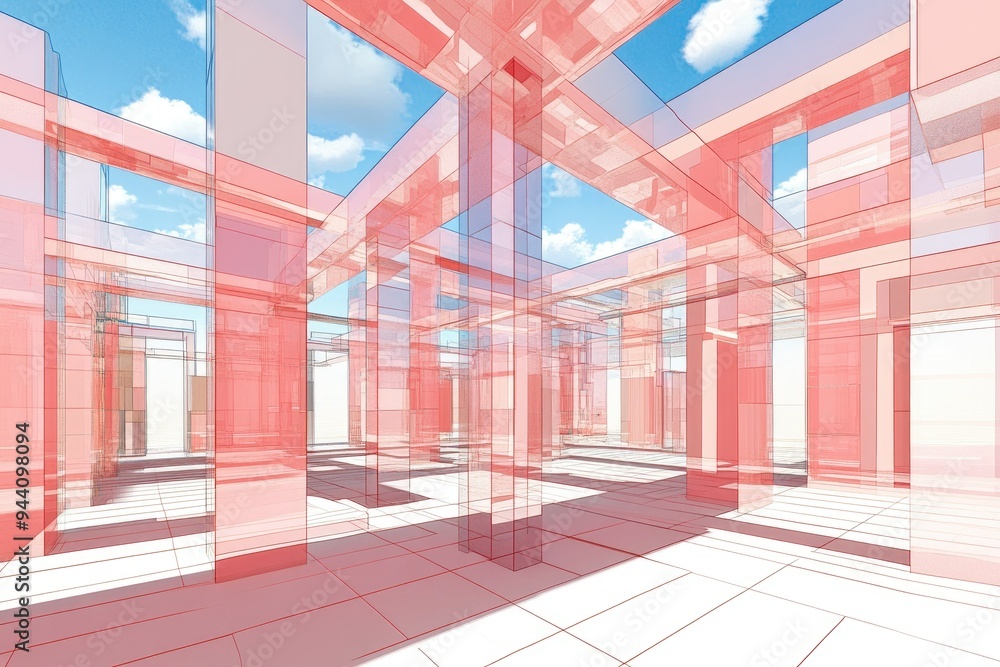Poster a vibrant, transparent architectural space with intersecting structures and a bright sky.