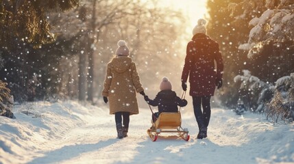 Family enjoys sledding in chic winter attire.