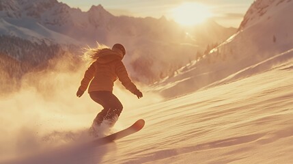 A snowboarder glides through fresh snow at sunset in a mountainous landscape.