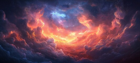 ethereal thunder storm with glowing light in cloudy sky over mountainous wasteland, otherworldly landscape 