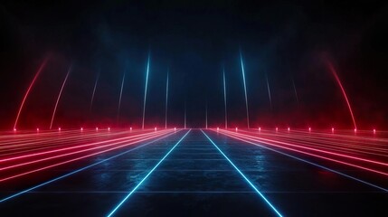 Abstract futuristic neon background with red and blue lines on dark background.