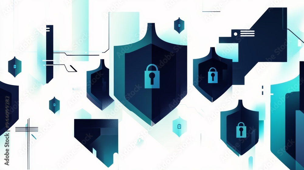 Poster Floating shields with lock icons representing digital security and encryption. Concept of secure online communication.