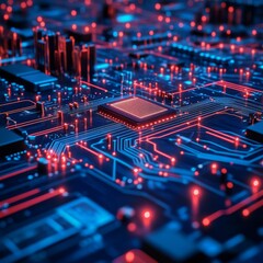 Circuitry A Glowing Microchip, 3D Render, Close-up, Technology, Electronics, Hardware