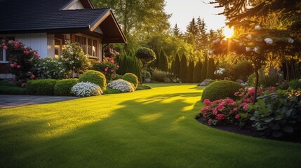 Beautiful Lawn With Flower Garden and House in the Background. Generative AI.