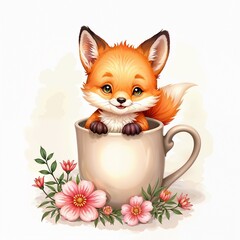 A cute fox baby in mug, flower around digital art. Smiling fox baby in mug illustration.