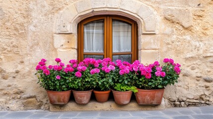 A charming rose bush with pink flowers cascades over a weathered stone wall, framing a small window and door in a peaceful setting in France