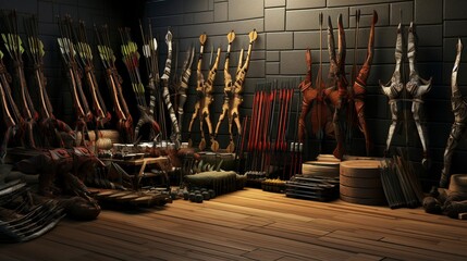 Naklejka premium A photo of a collection of archery bows and arrows.