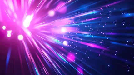 Fototapeta premium Cluster of stage lights creating a starburst effect, neon pink and blue, energetic and dynamic.