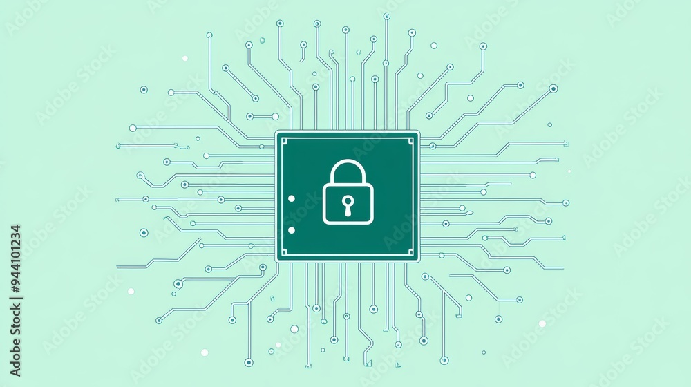 Poster abstract green circuit board with central lock icon. symbolizes digital security and protection.