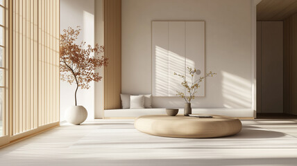 Minimalist, japandi interior design of modern living room. Elegant design living space.