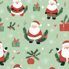 Christmas Pattern Featuring Santa Claus, Gifts, and Snowflakes on Green Background