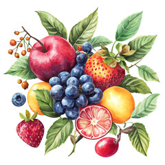 Vibrant watercolor illustration of assorted fruits including apples, grapes, strawberries, and citrus, surrounded by lush green leaves.