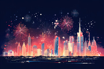 City Skyline with Fireworks at Night - Urban Celebration